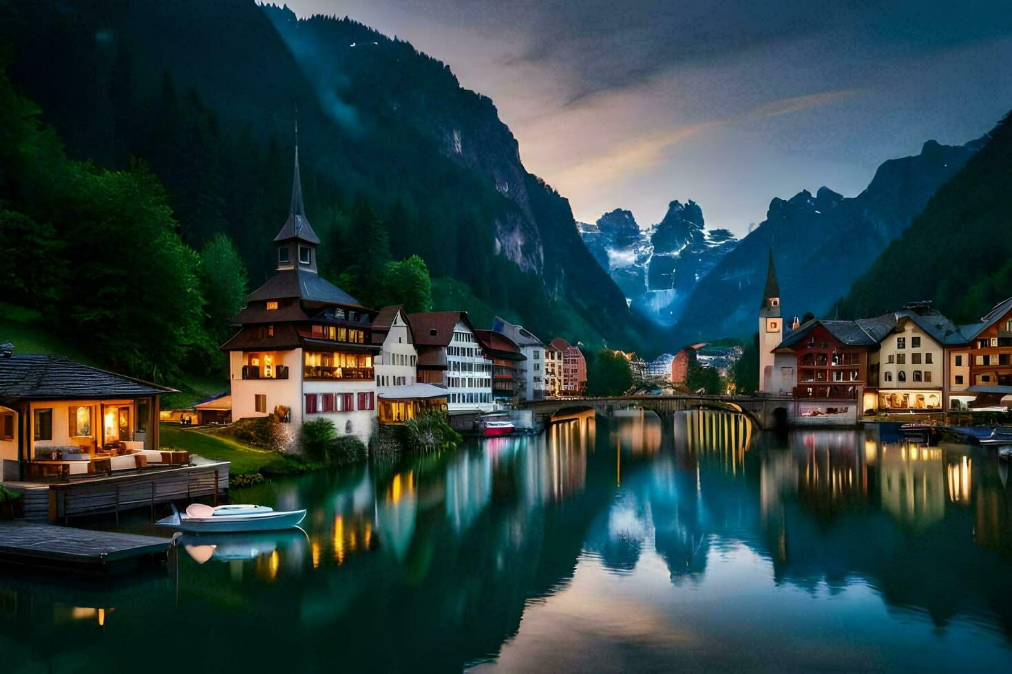 photo wallpaper the sky, mountains, water, houses, lake, town, mountains, lake,. AI-Generated