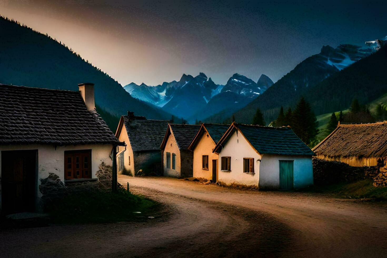 photo wallpaper the sky, mountains, road, houses, the village, the road, the village. AI-Generated