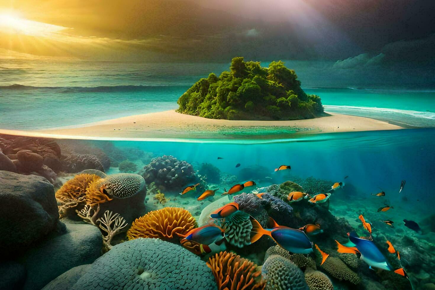 an underwater scene with coral reefs and an island. AI-Generated photo