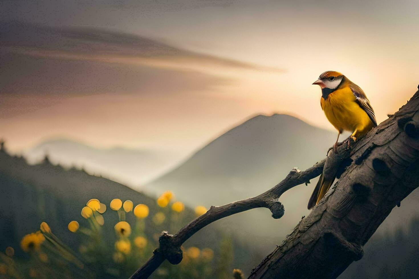 a yellow bird sits on a branch in front of a mountain. AI-Generated photo
