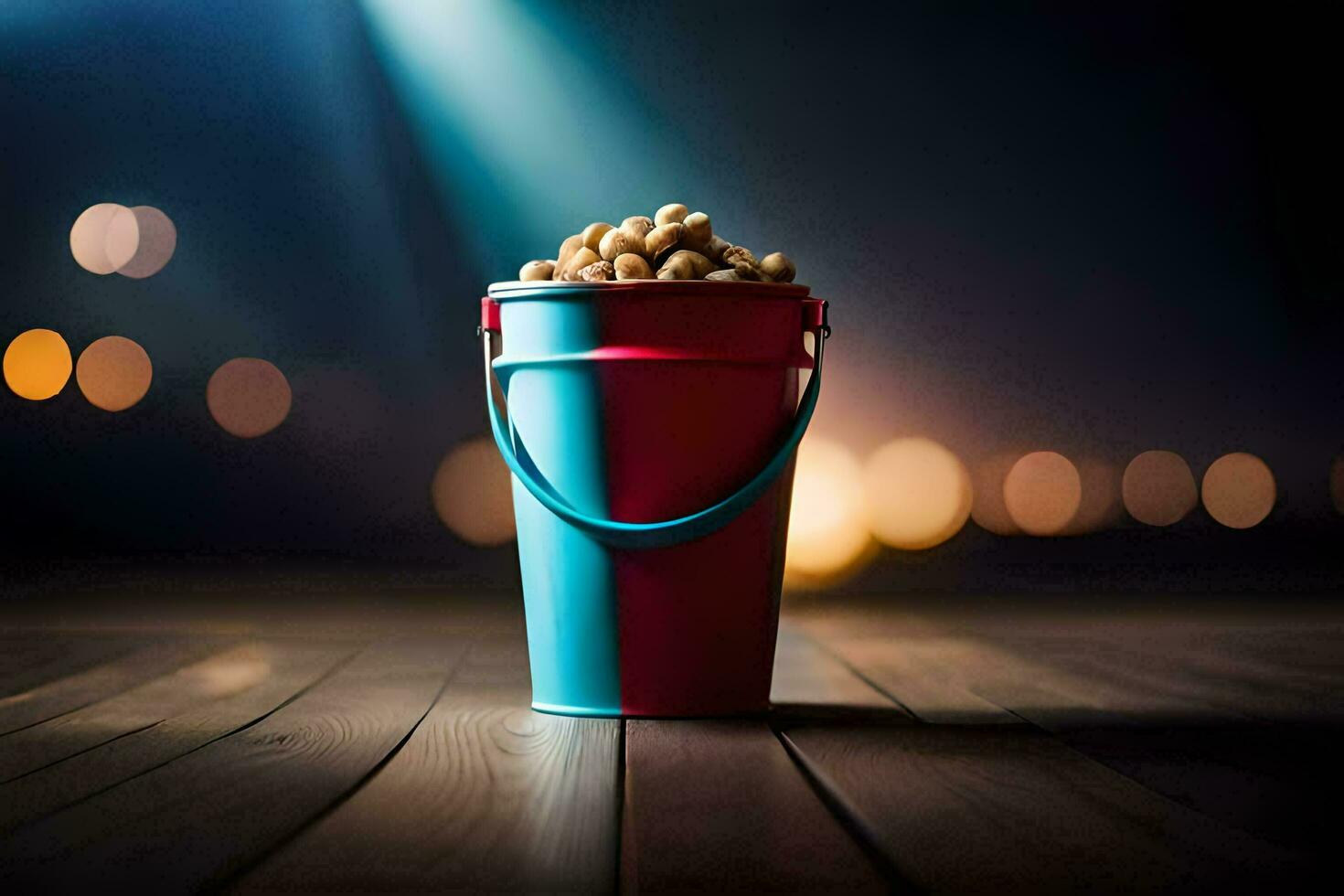 a bucket filled with peanuts on a wooden floor. AI-Generated photo