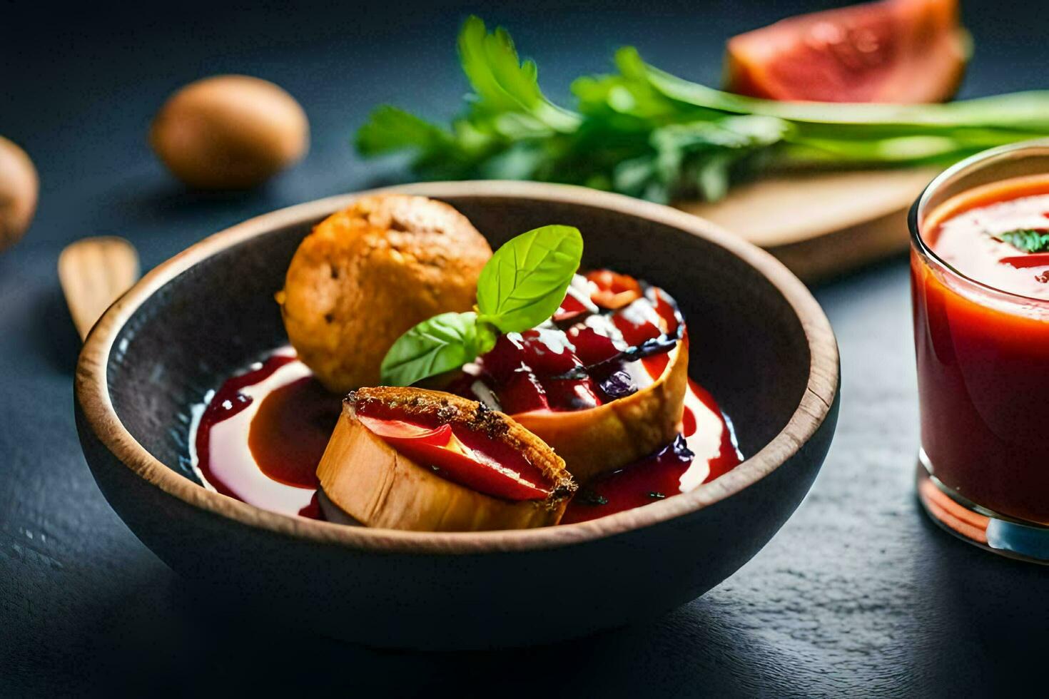 a bowl of food with meat and vegetables. AI-Generated photo