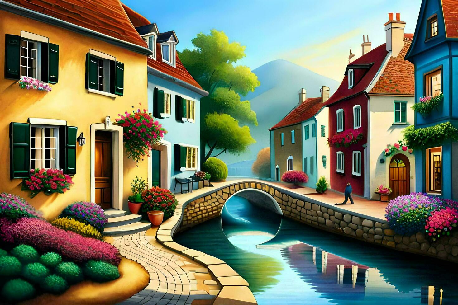 a painting of a small town with houses and a bridge. AI-Generated photo