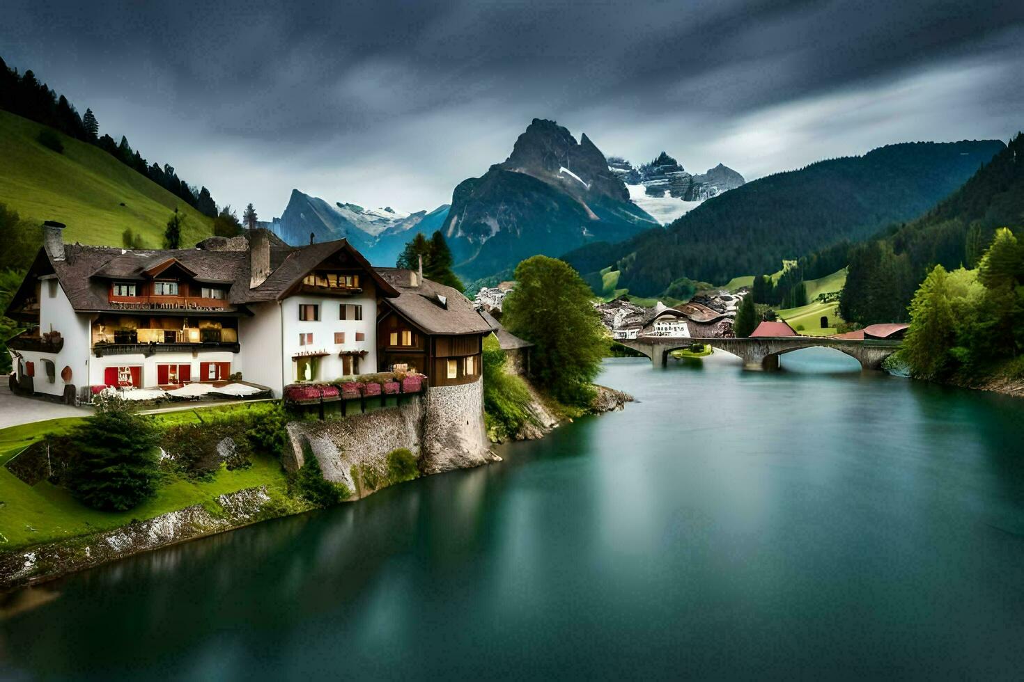 a beautiful mountain village with a river and a bridge. AI-Generated photo