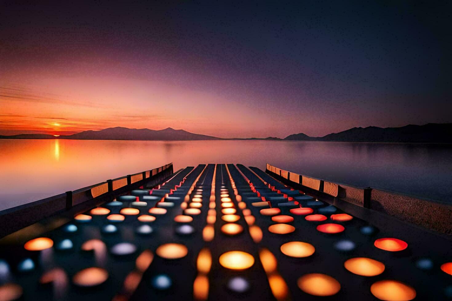 a pier with lights on it at sunset. AI-Generated photo