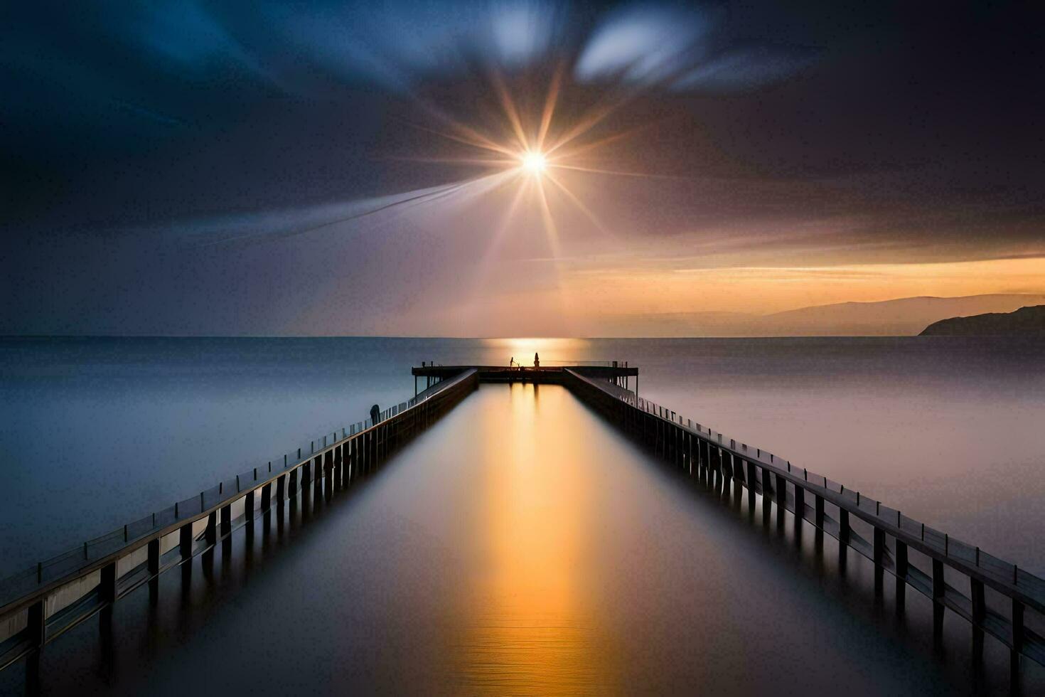 a pier with a sun shining over it. AI-Generated photo