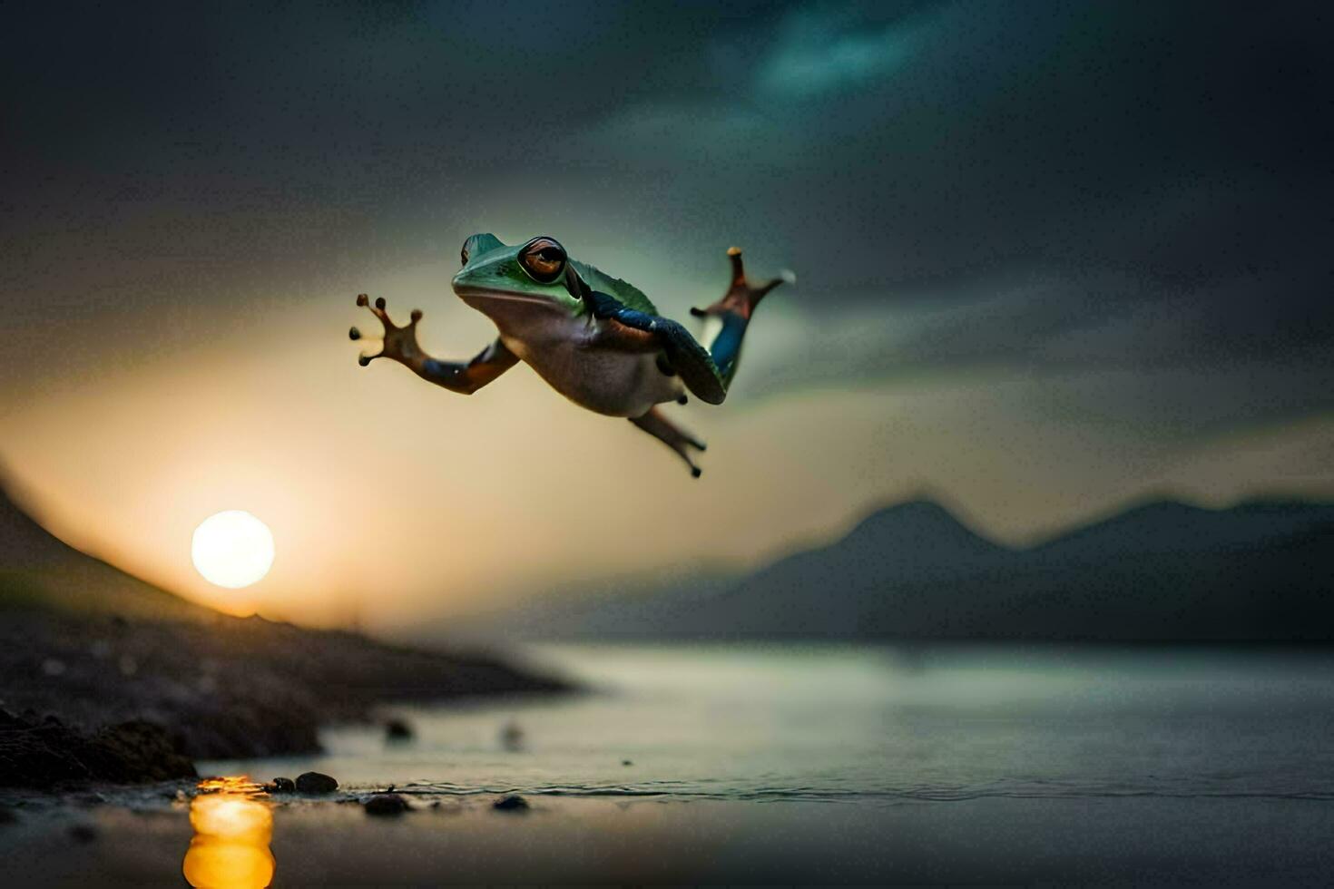a frog jumping into the air at sunset. AI-Generated photo