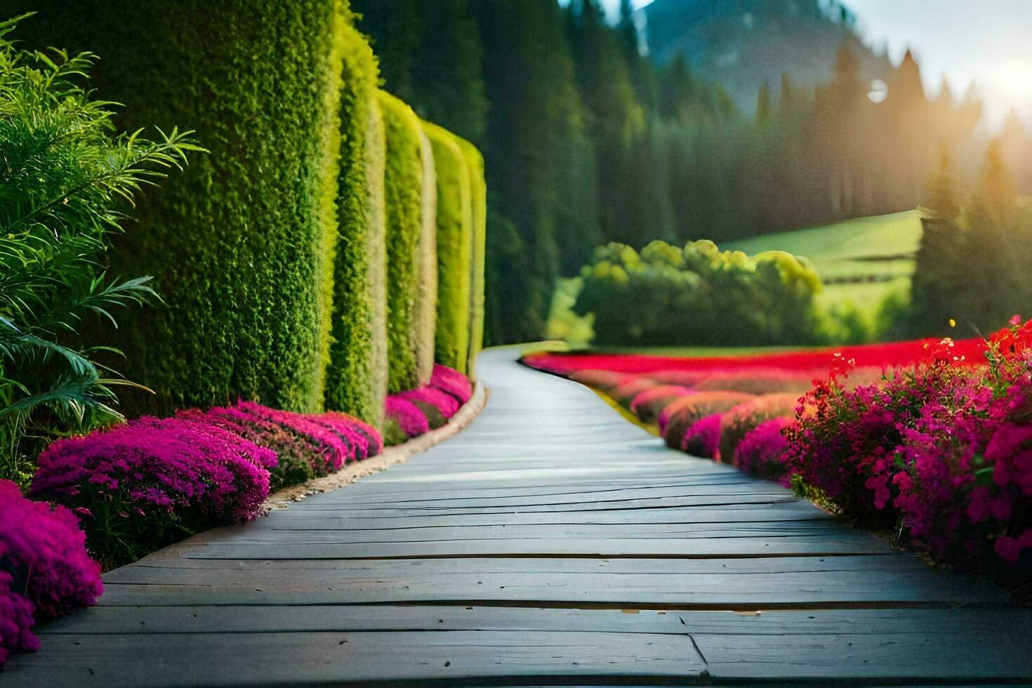 photo wallpaper the sky, flowers, path, trees, mountains, flowers, the sun, the. AI-Generated