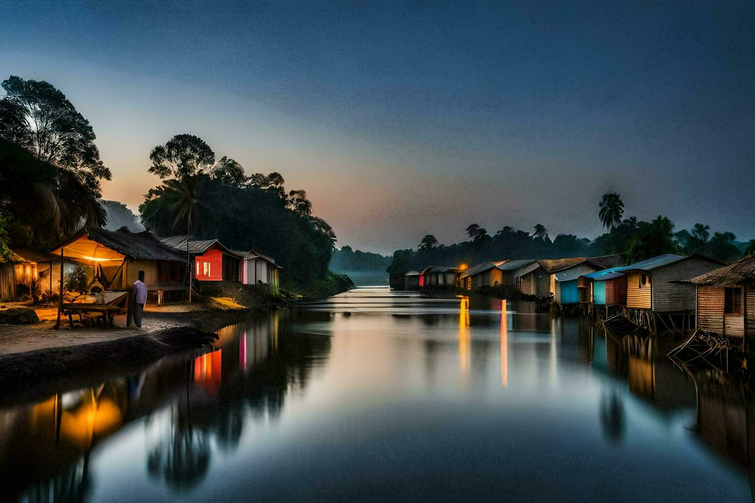 a river at dusk with houses on either side. AI-Generated photo