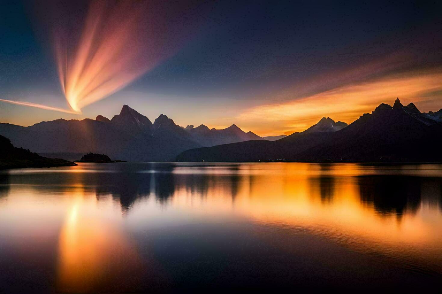 the sun is setting over mountains and water. AI-Generated photo