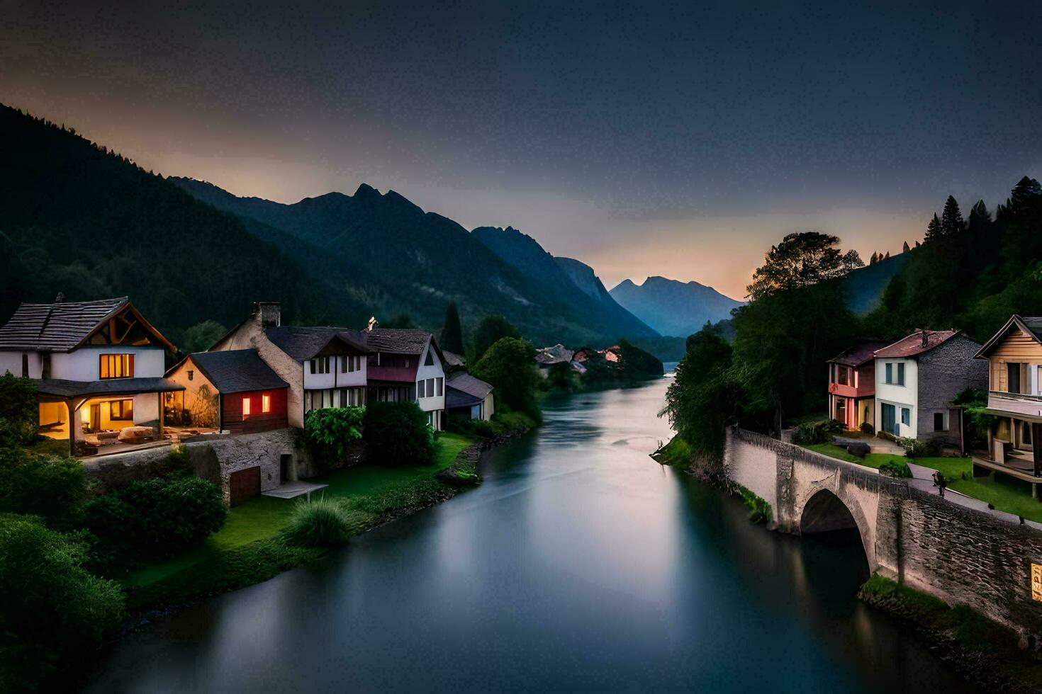 a river runs through a town at dusk. AI-Generated photo