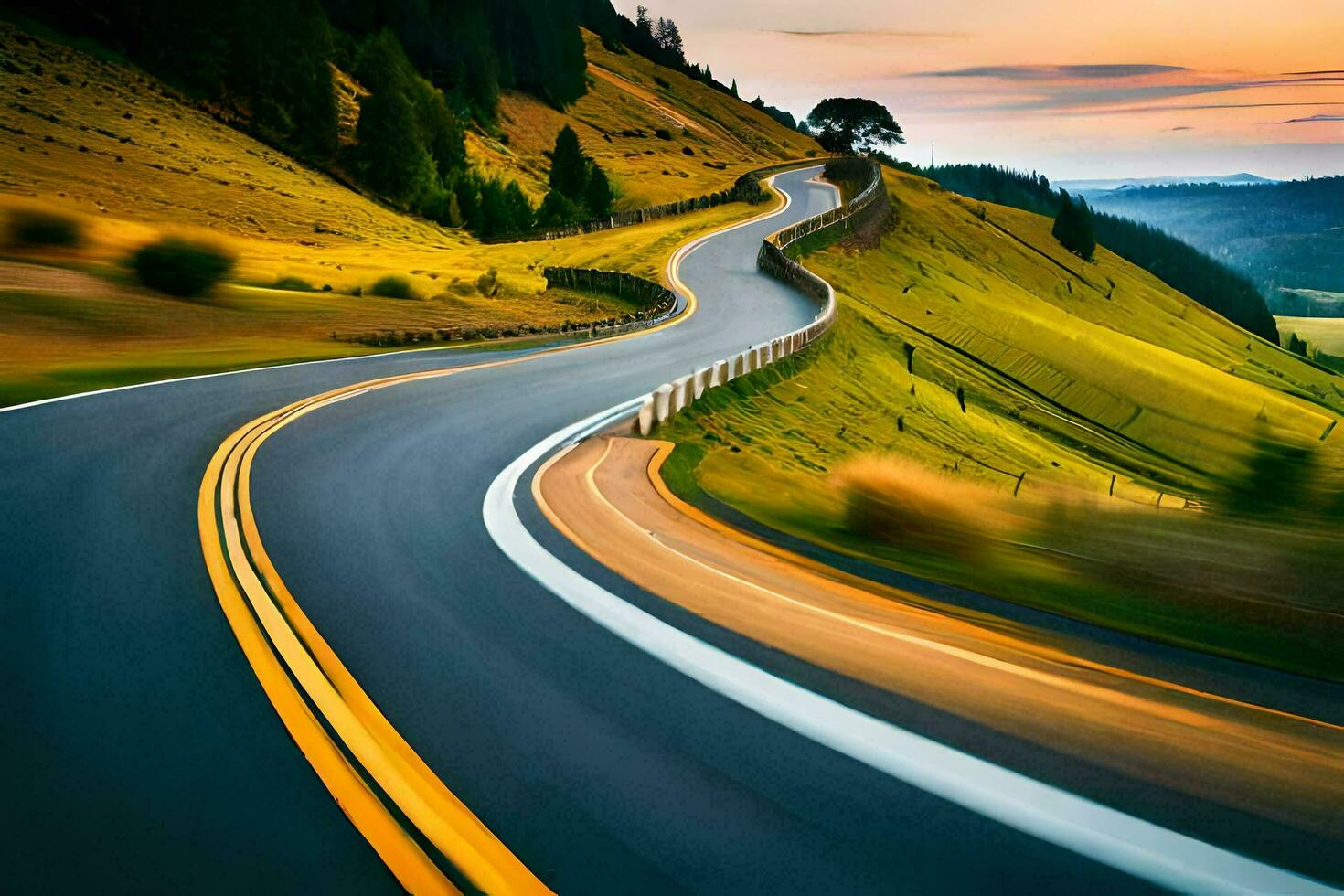 un devanado la carretera en el montañas. generado por ai foto