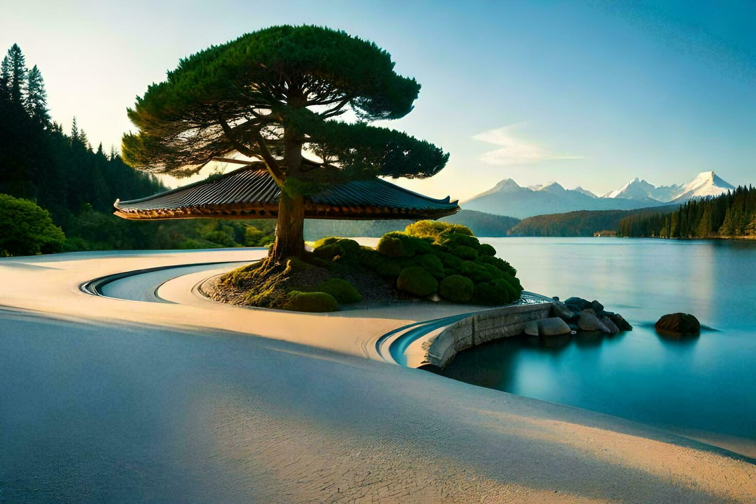 a tree sits on the shore of a lake. AI-Generated photo