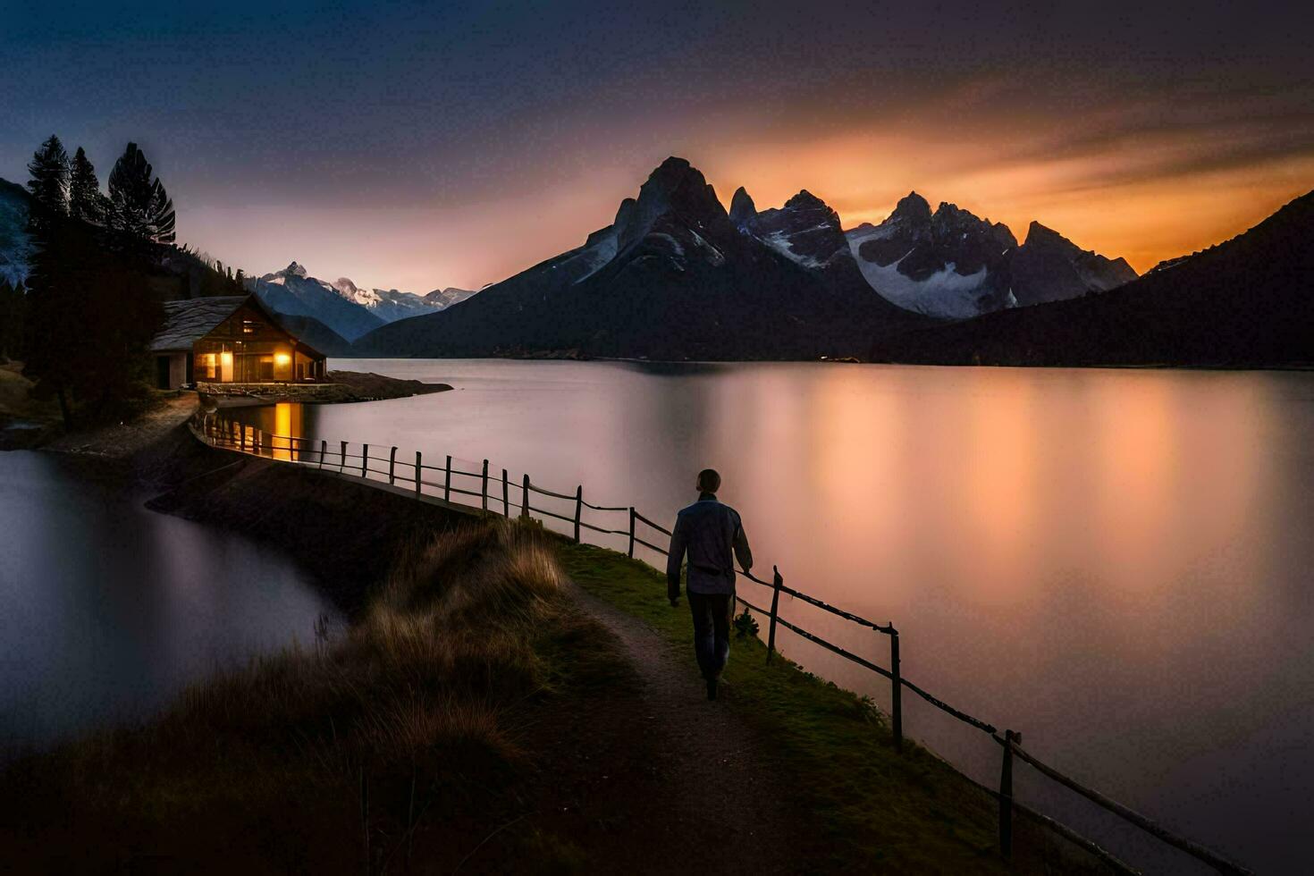 un hombre camina a lo largo el camino a un lago a puesta de sol. generado por ai foto