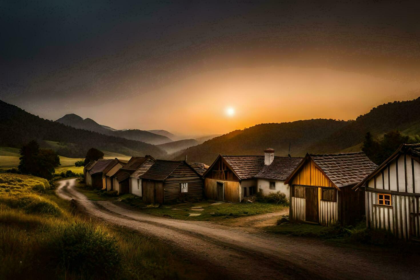 a road leading to a village at sunset. AI-Generated photo