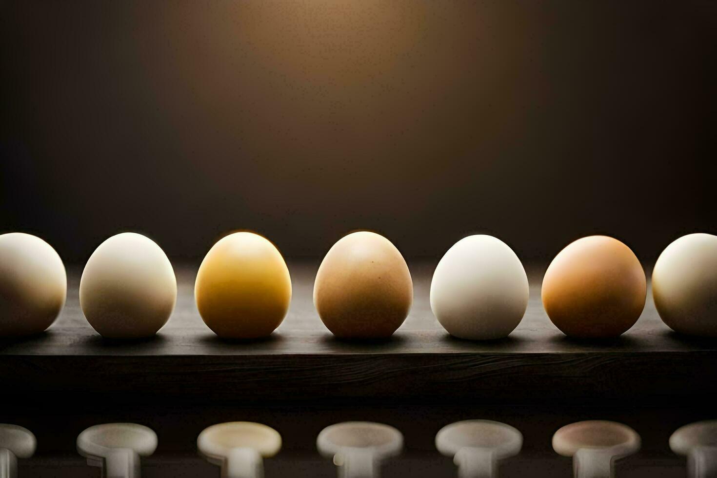 six eggs are lined up in a row. AI-Generated photo