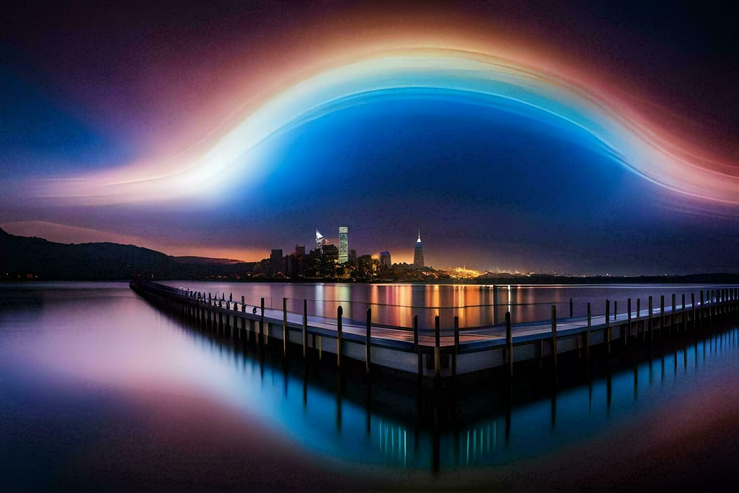 a rainbow over a city at night. AI-Generated photo