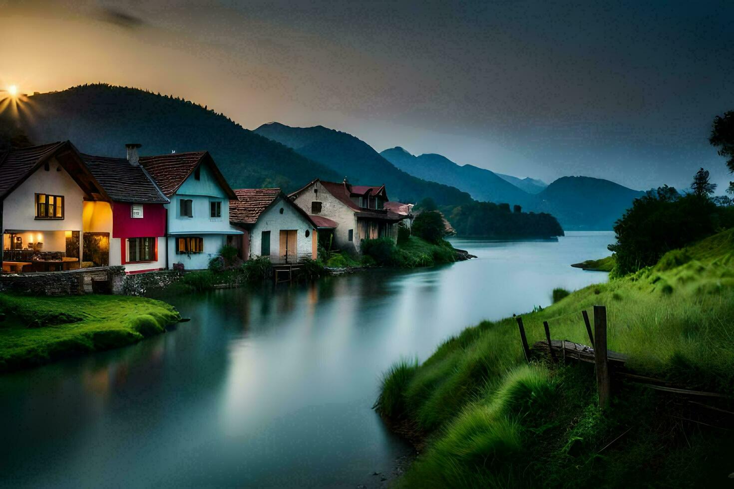 photo wallpaper the sky, water, mountains, house, river, sunset, lake, house,. AI-Generated
