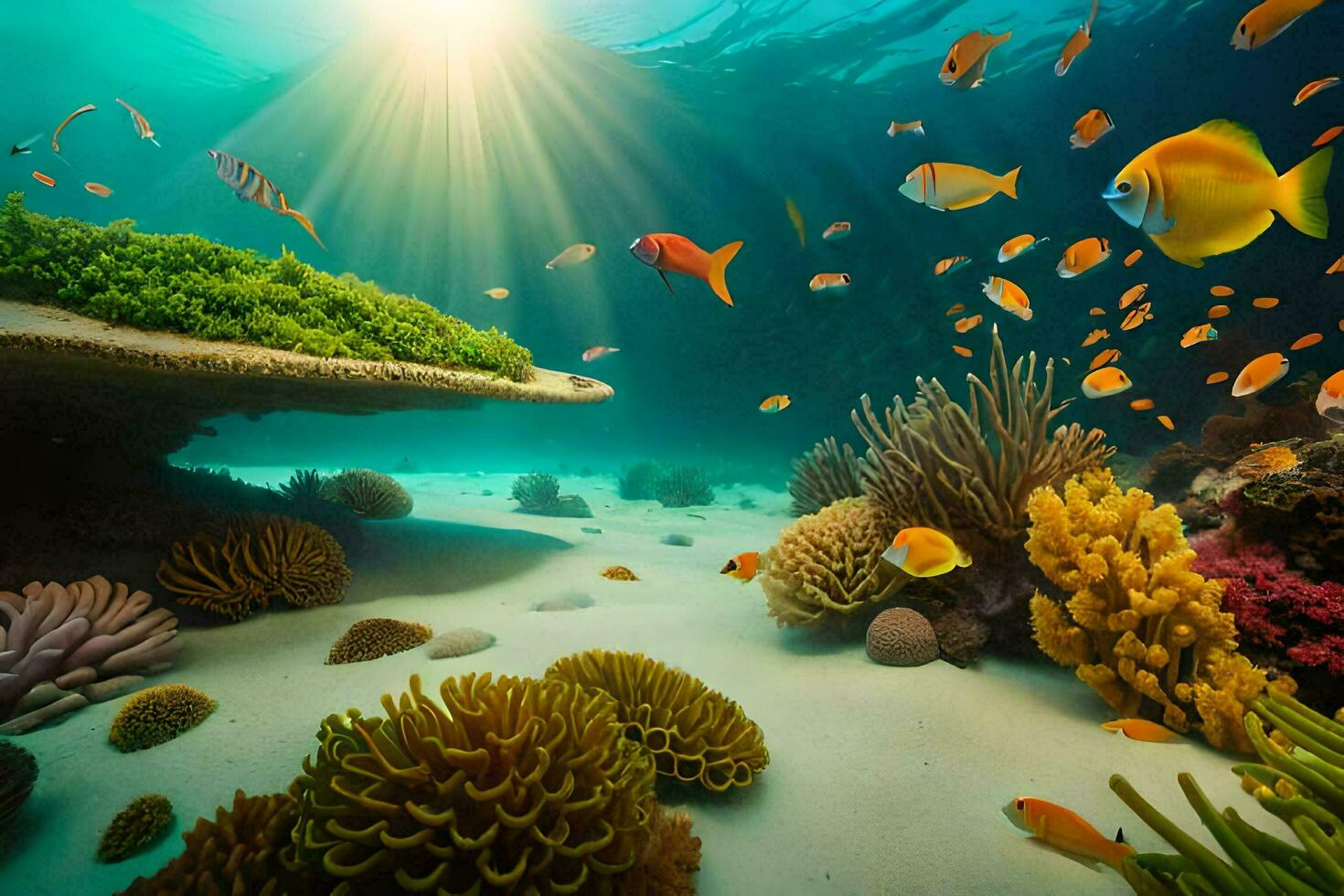 an underwater scene with coral reefs and fish. AI-Generated photo
