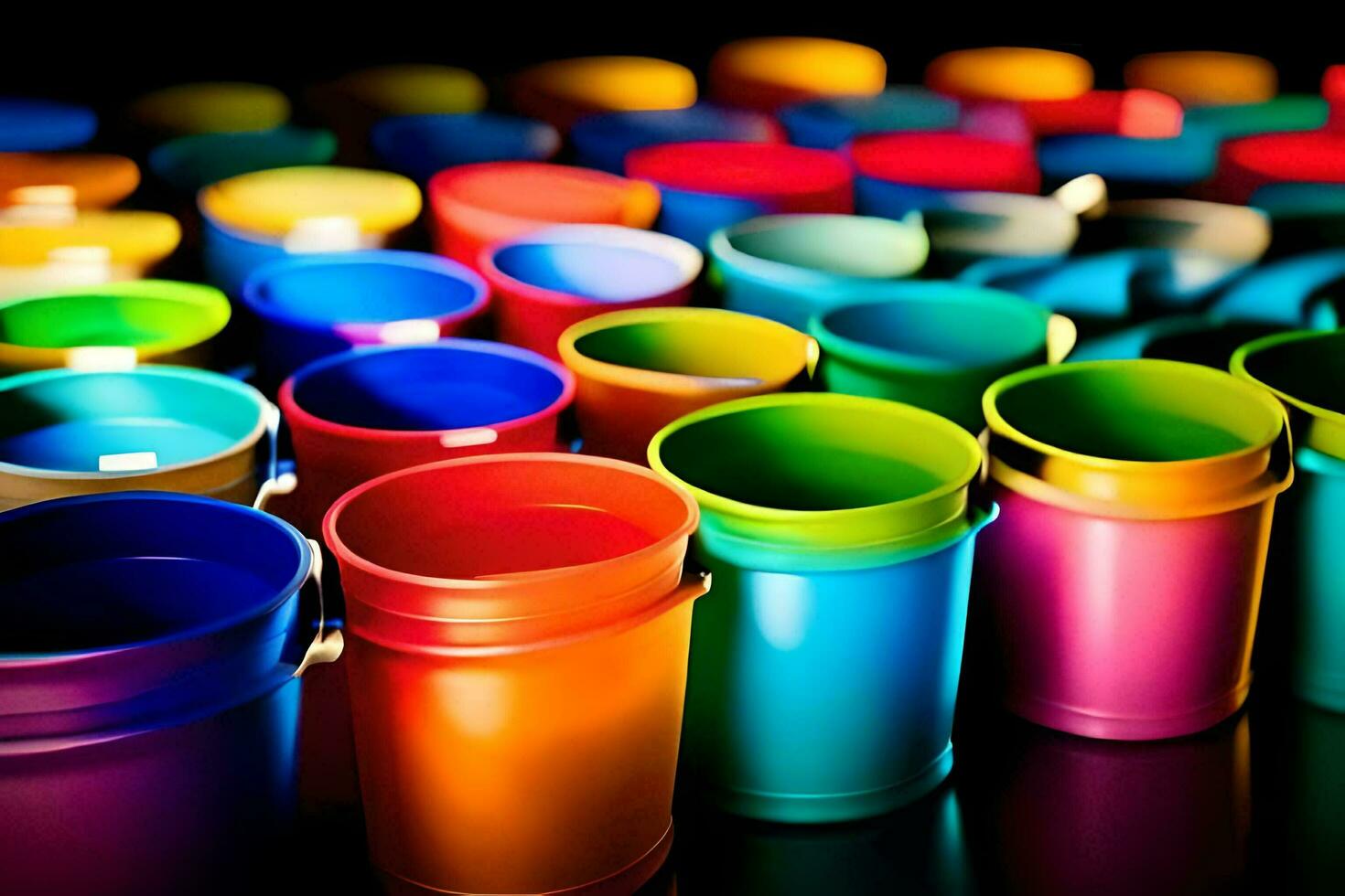 many colorful plastic cups are arranged in a row. AI-Generated photo