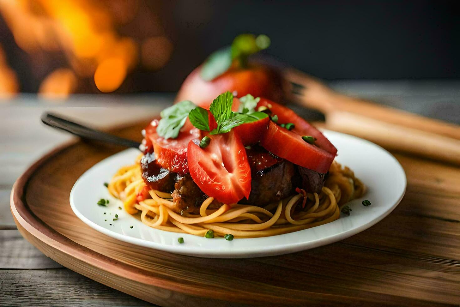 the food is served on a plate with a fork and a knife. AI-Generated photo