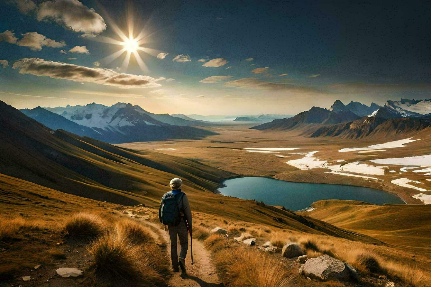 un persona caminando en un sendero en el montañas. generado por ai foto