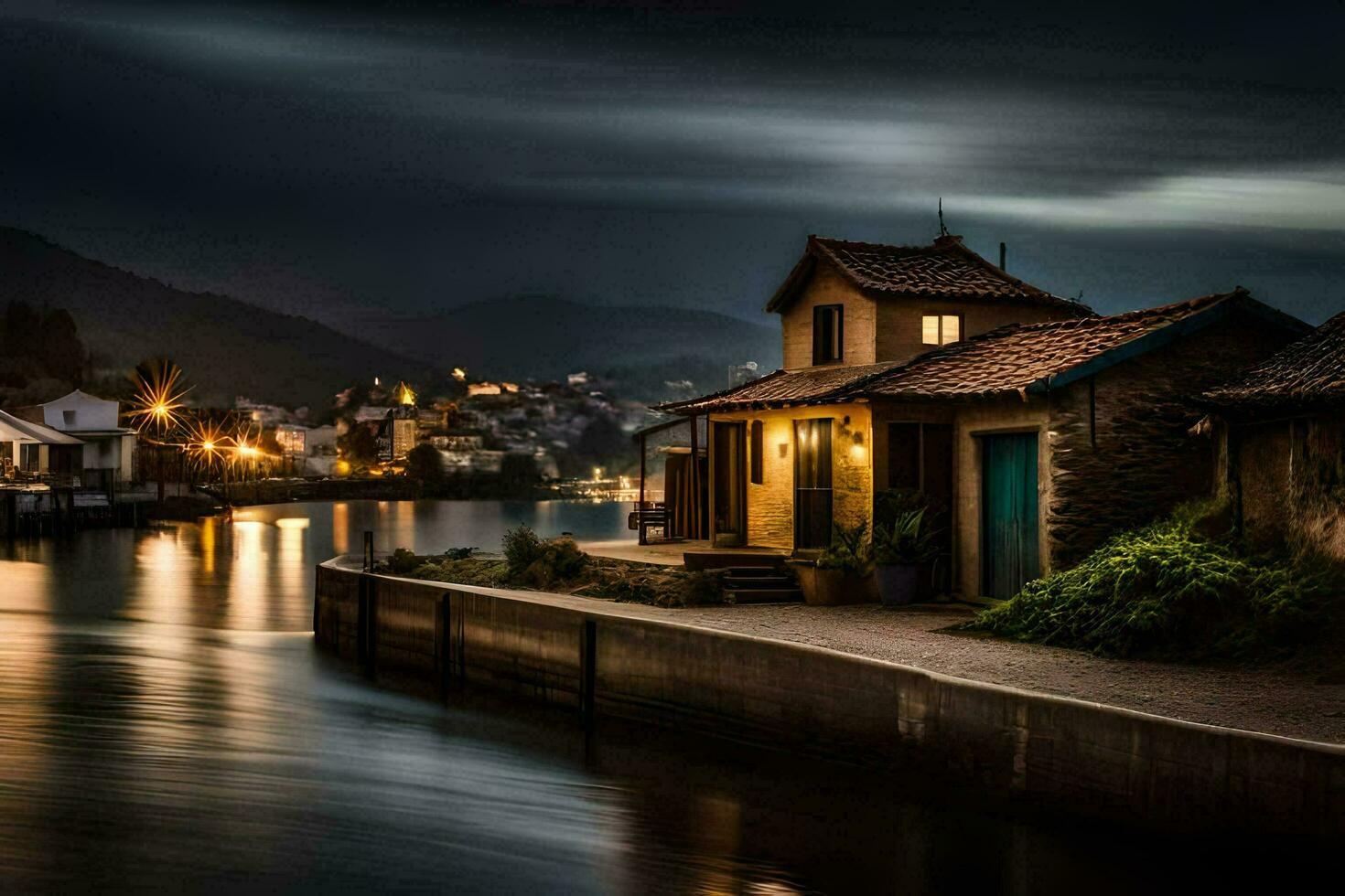 a house sits on the side of a river at night. AI-Generated photo