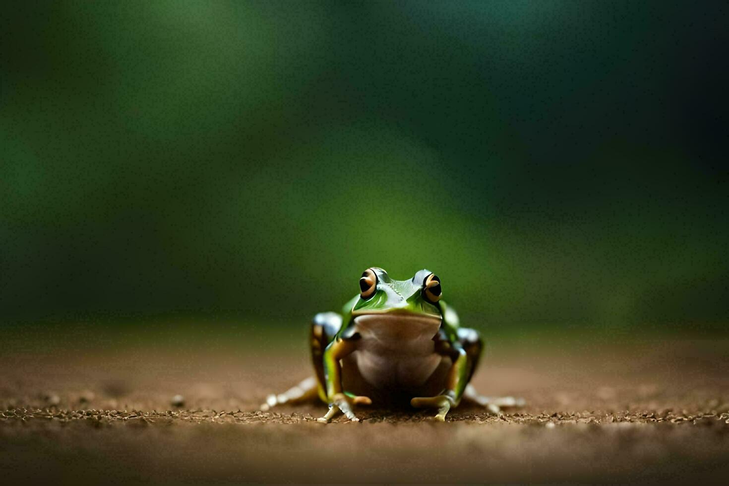 a frog sitting on the ground in front of a green background. AI-Generated photo