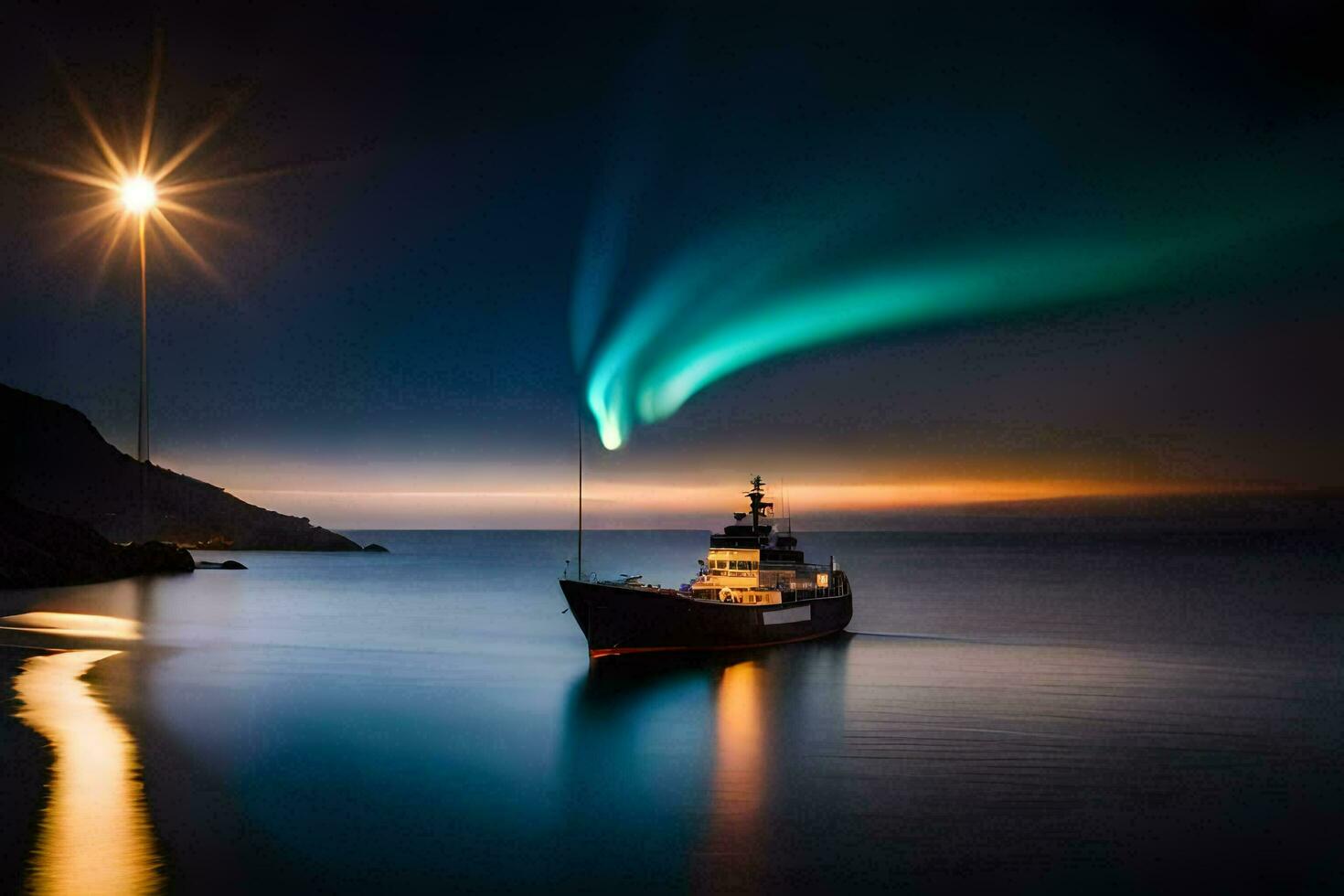 un barco en el Oceano con un Aurora boreal. generado por ai foto