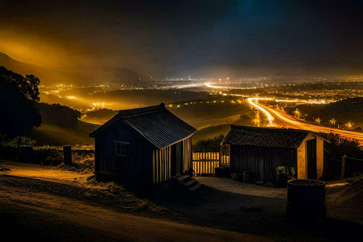 un noche Disparo de un pequeño casa y un colina. generado por ai foto