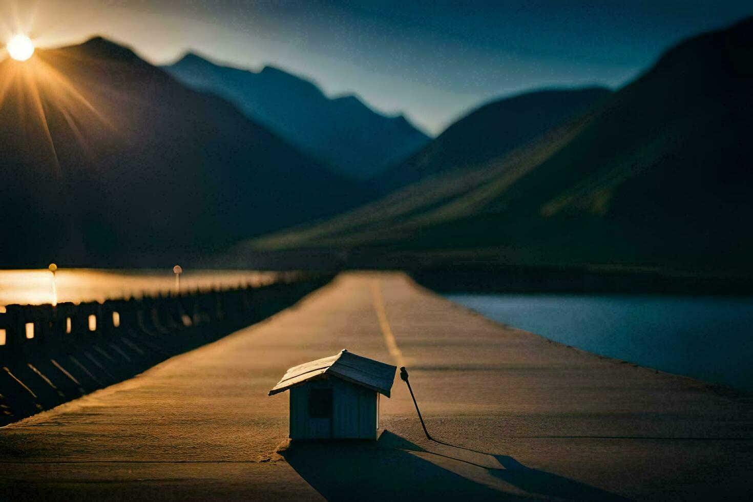 a small house sits on the end of a long pier. AI-Generated photo