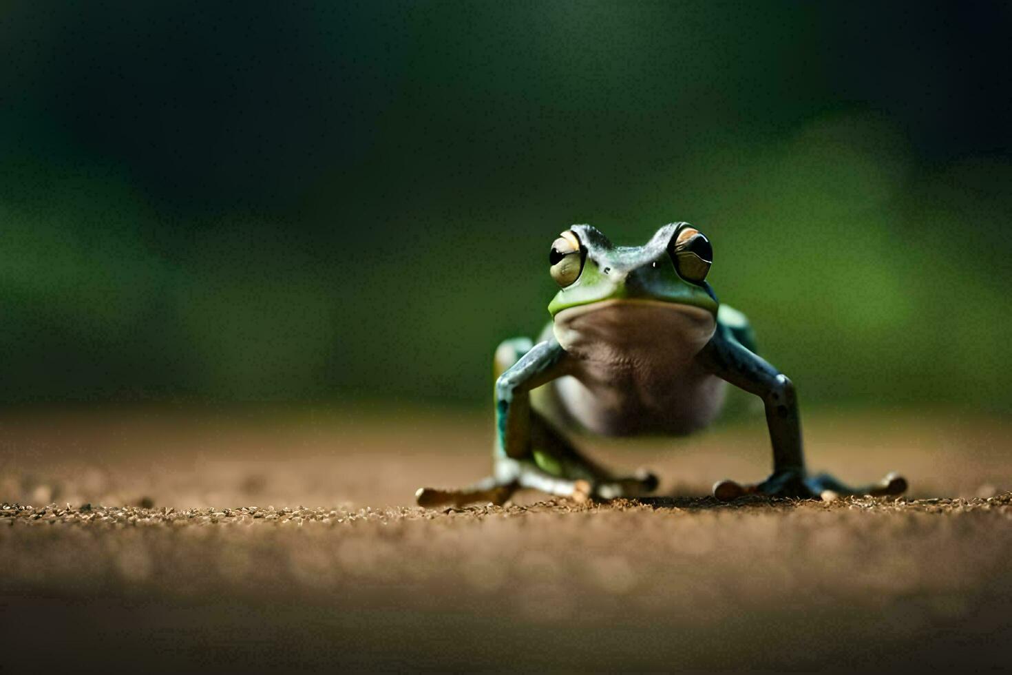 a frog is standing on the ground with its eyes open. AI-Generated photo