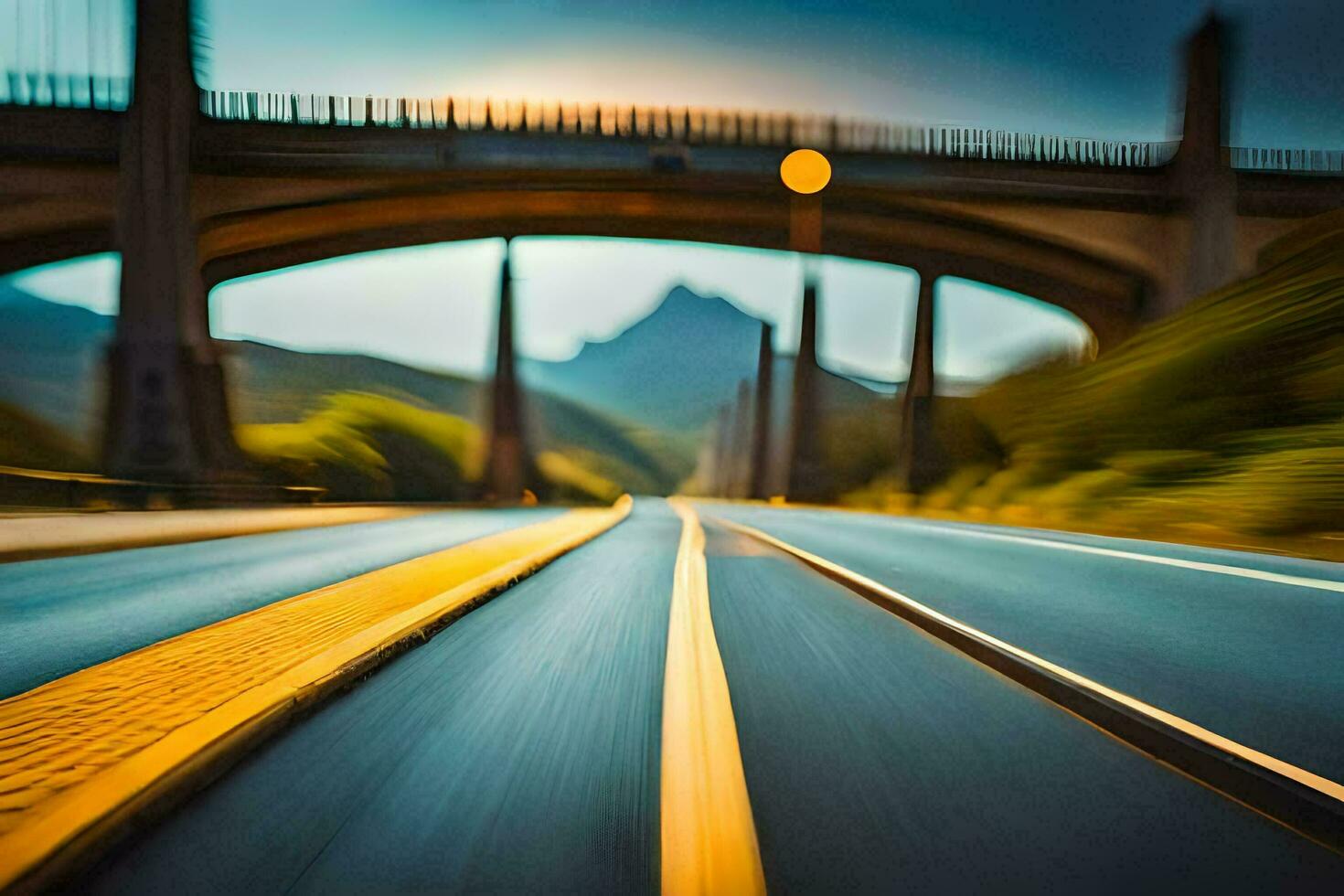 un borroso imagen de un puente con un amarillo línea. generado por ai foto