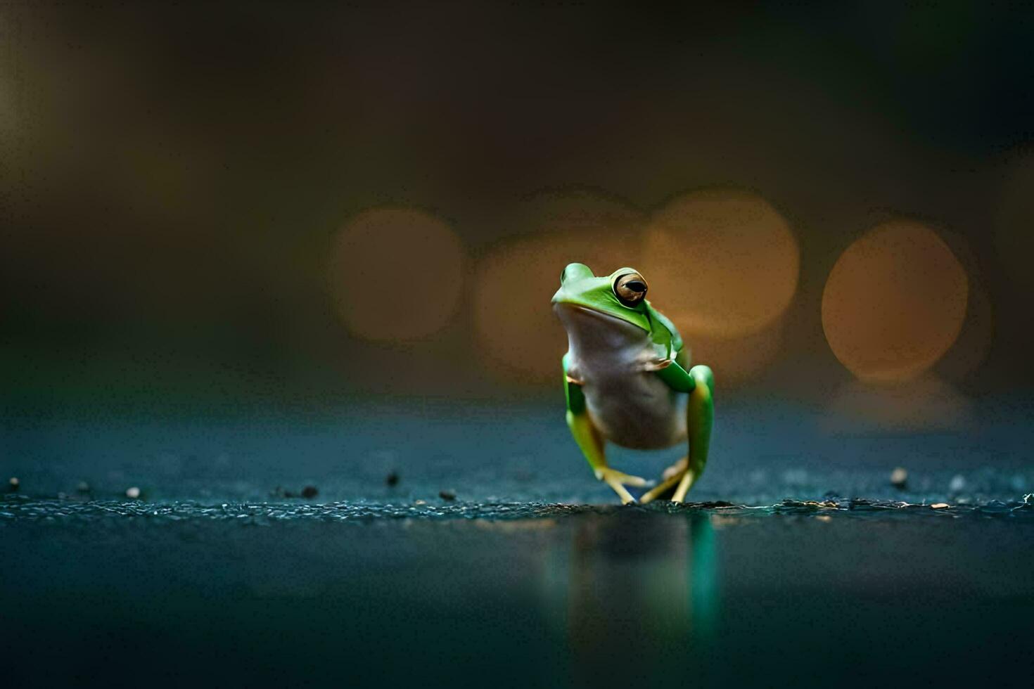 a frog standing on a wet surface with blurry lights behind it. AI-Generated photo