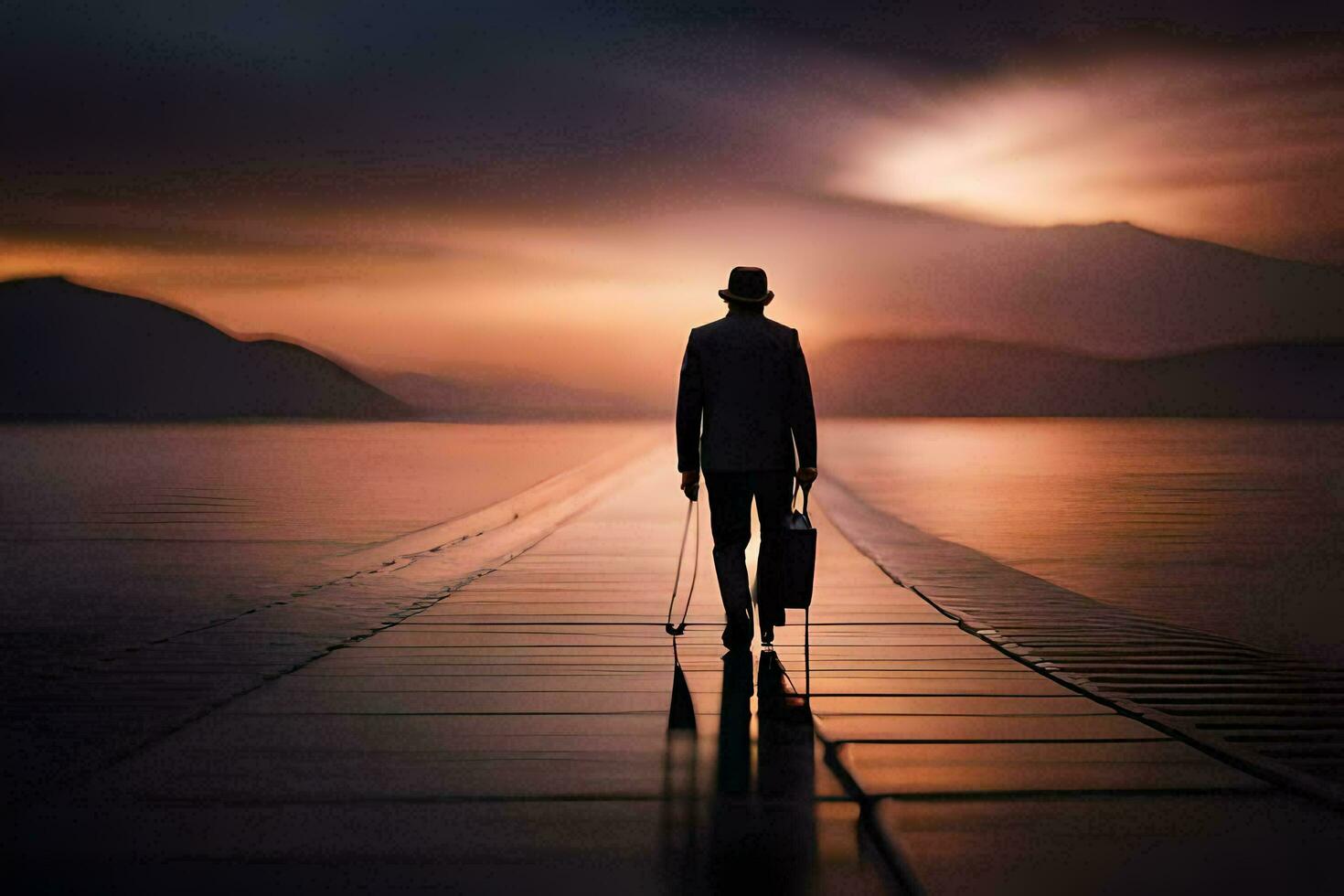 a man walking on a pier at sunset. AI-Generated photo