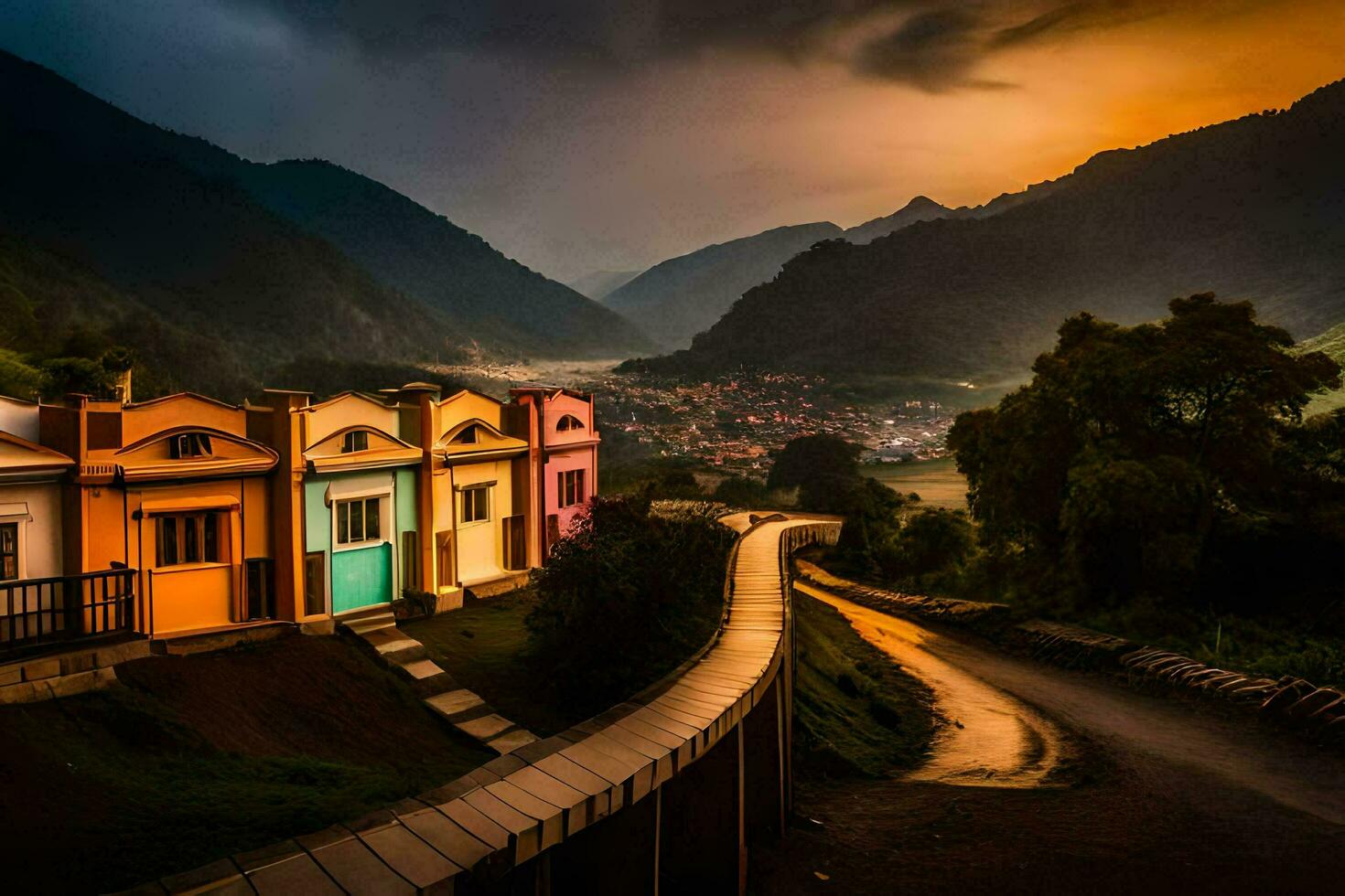 a colorful house in the mountains at sunset. AI-Generated photo