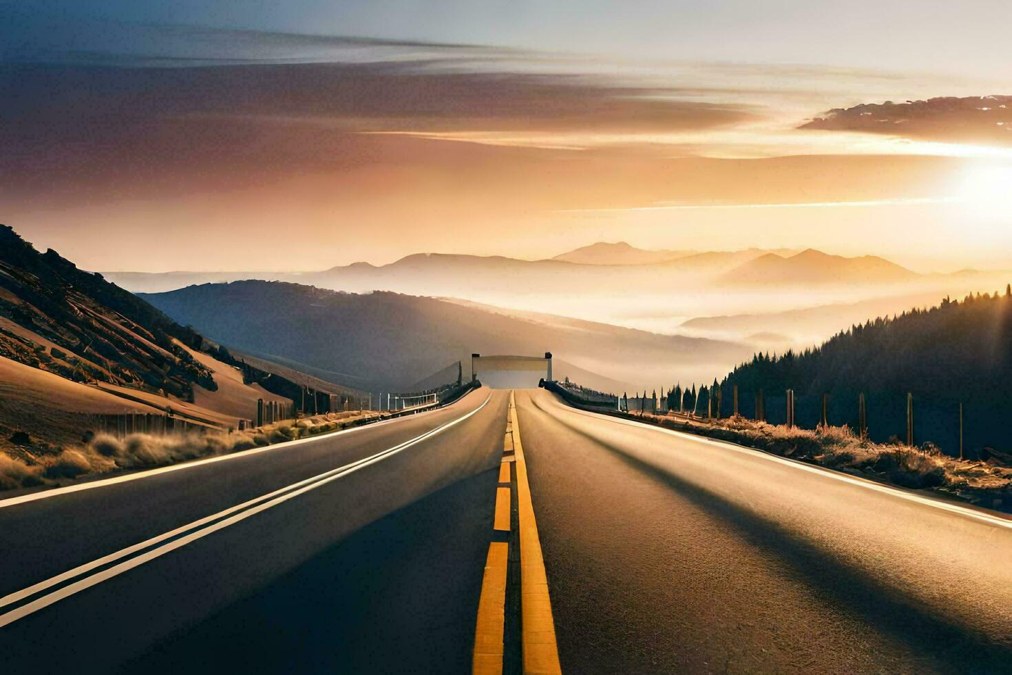 a long road with the sun setting in the distance. AI-Generated photo