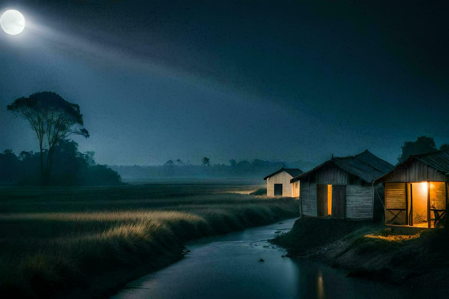 a moonlit night scene with a river and a few small houses. AI-Generated photo