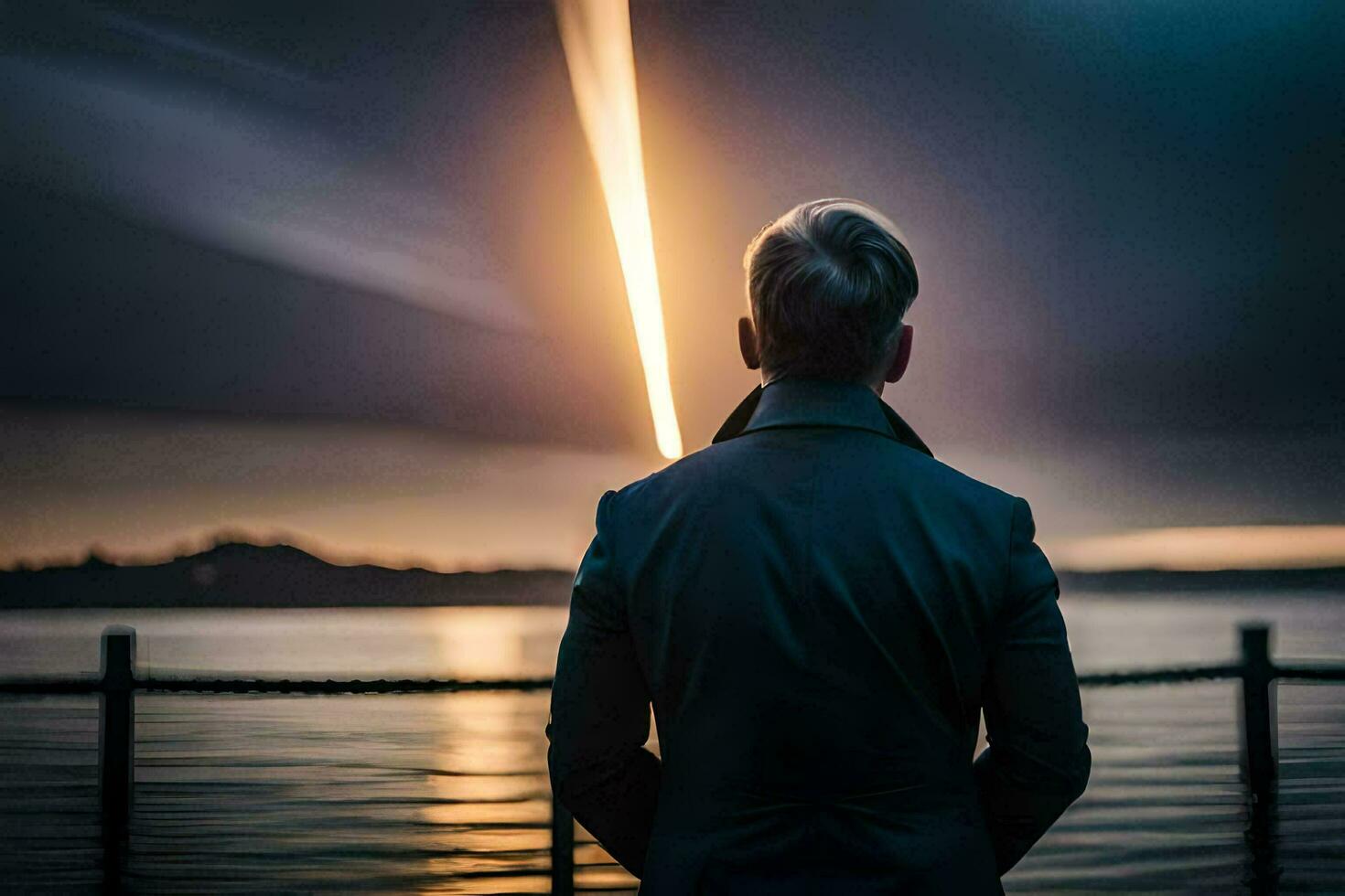 a man standing in front of a body of water with a bright light coming from the sky. AI-Generated photo
