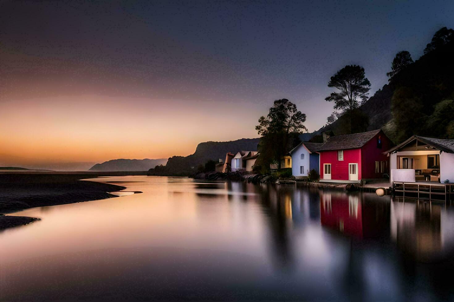 a row of houses on the shore of a river. AI-Generated photo