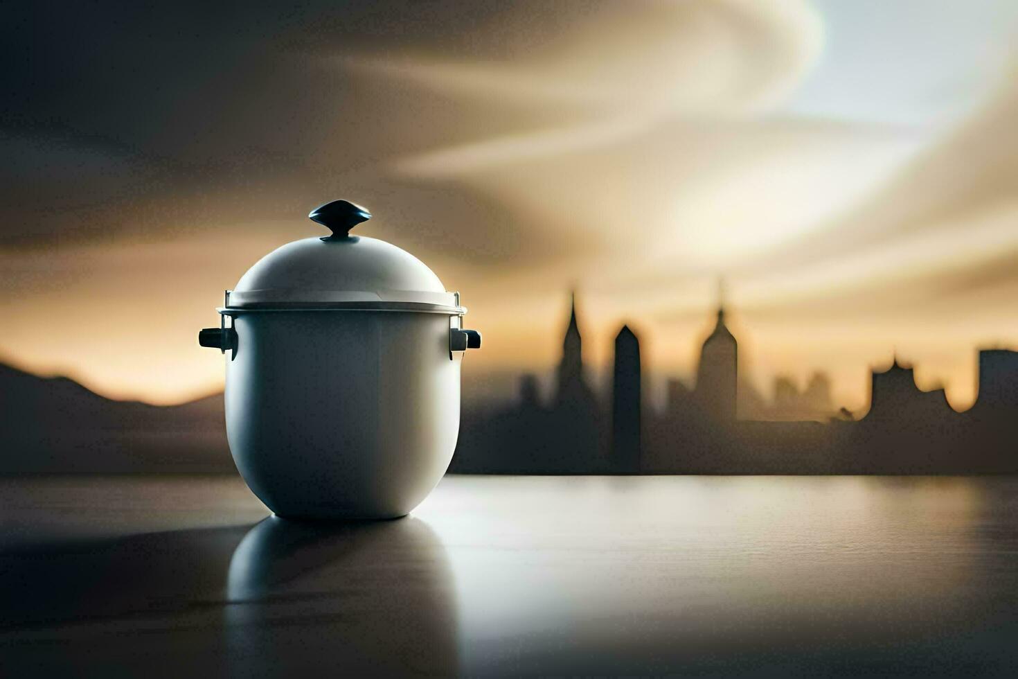 a white coffee pot sitting on a table in front of a city skyline. AI-Generated photo