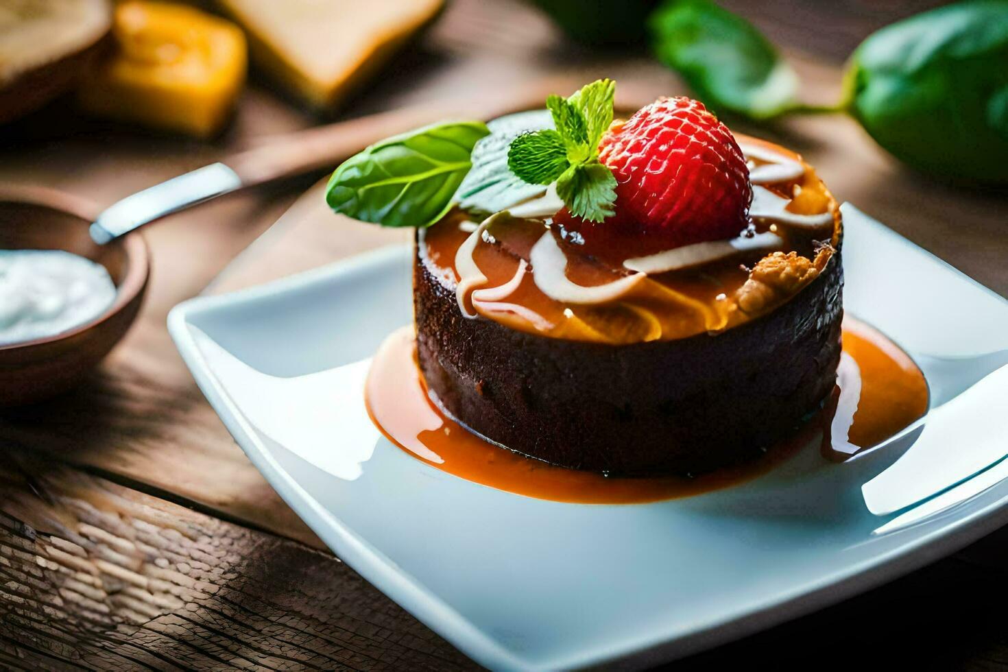 a dessert with a strawberry and a slice of cheese. AI-Generated photo