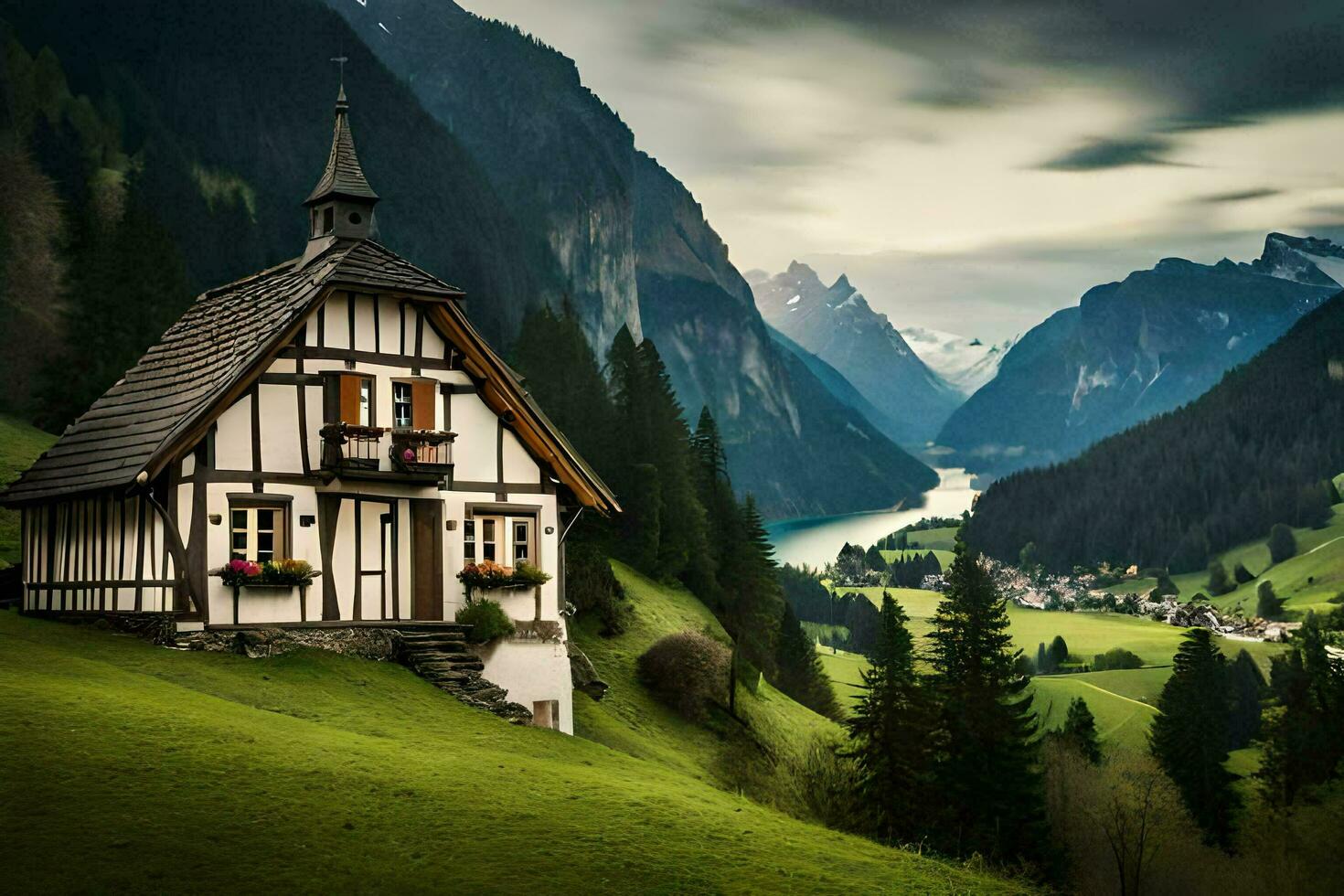 un pequeño casa se sienta en un colina con vista a un lago. generado por ai foto