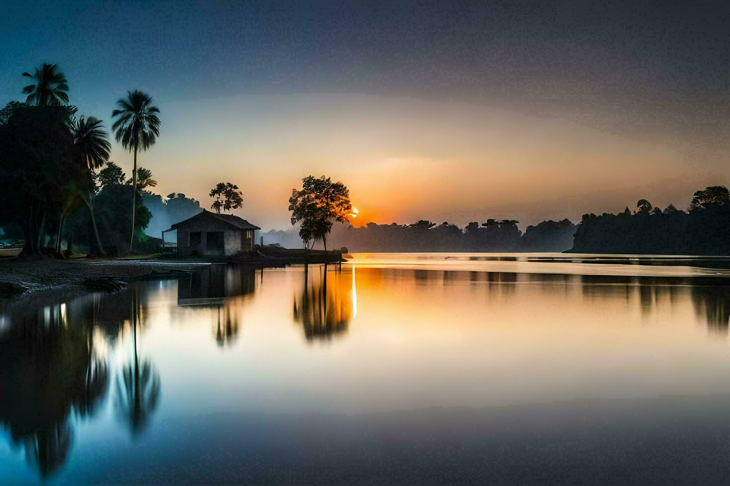 a lake with palm trees and a house at sunset. AI-Generated photo