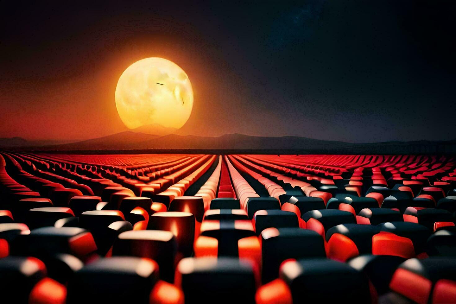 a field of red cars with the moon in the background. AI-Generated photo