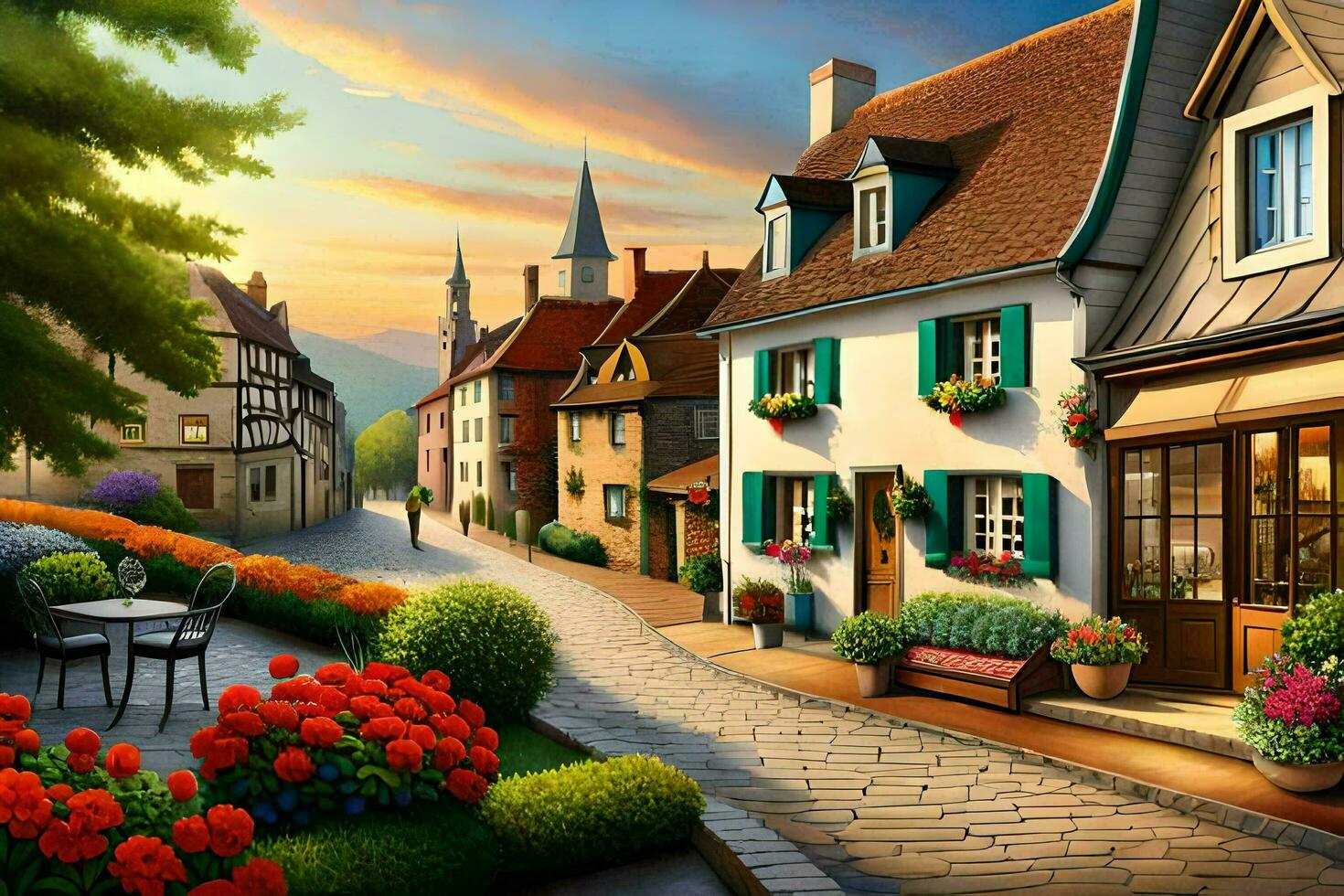 a painting of a street with flowers and buildings. AI-Generated photo