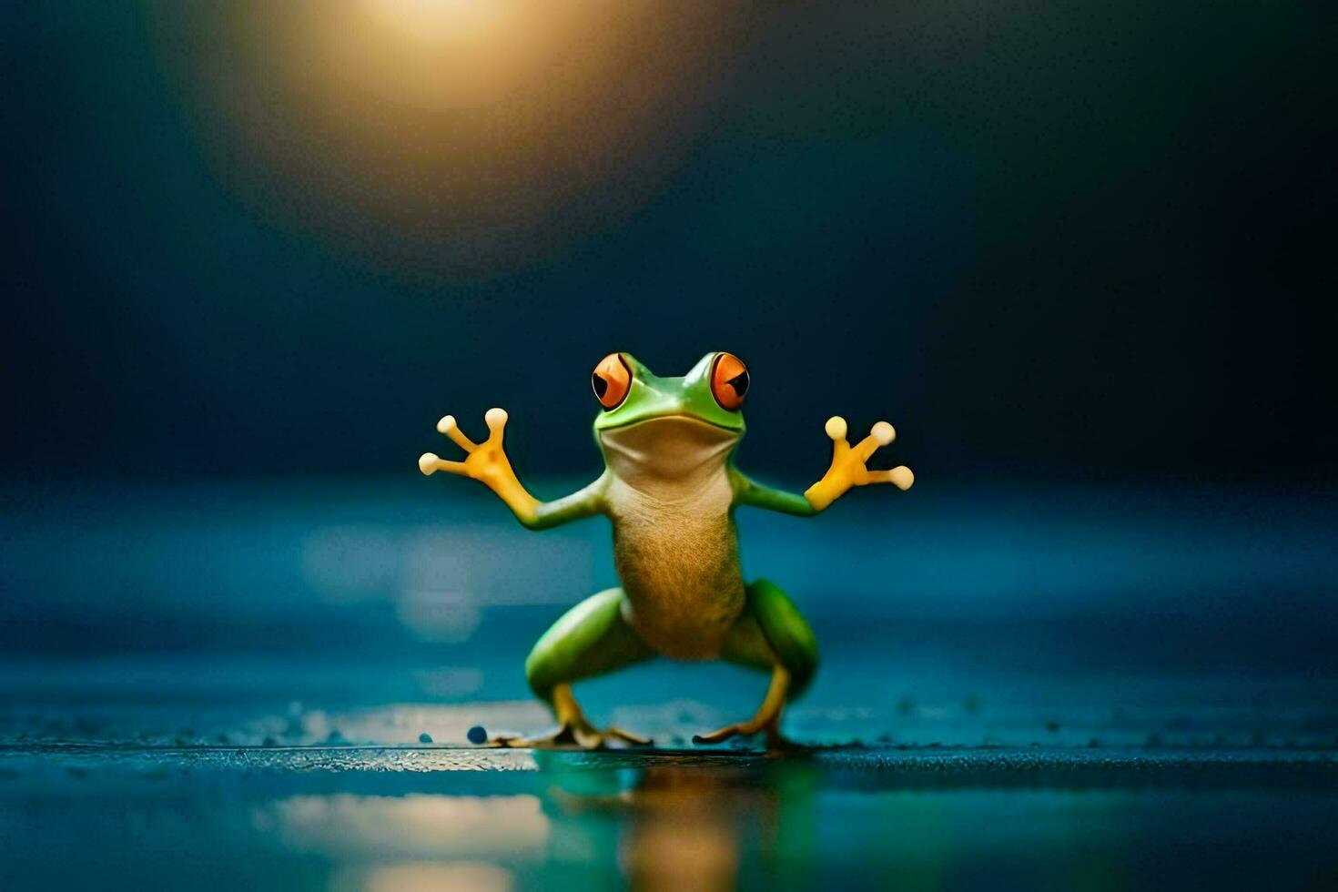 a frog standing on its hind legs with its arms outstretched. AI-Generated photo