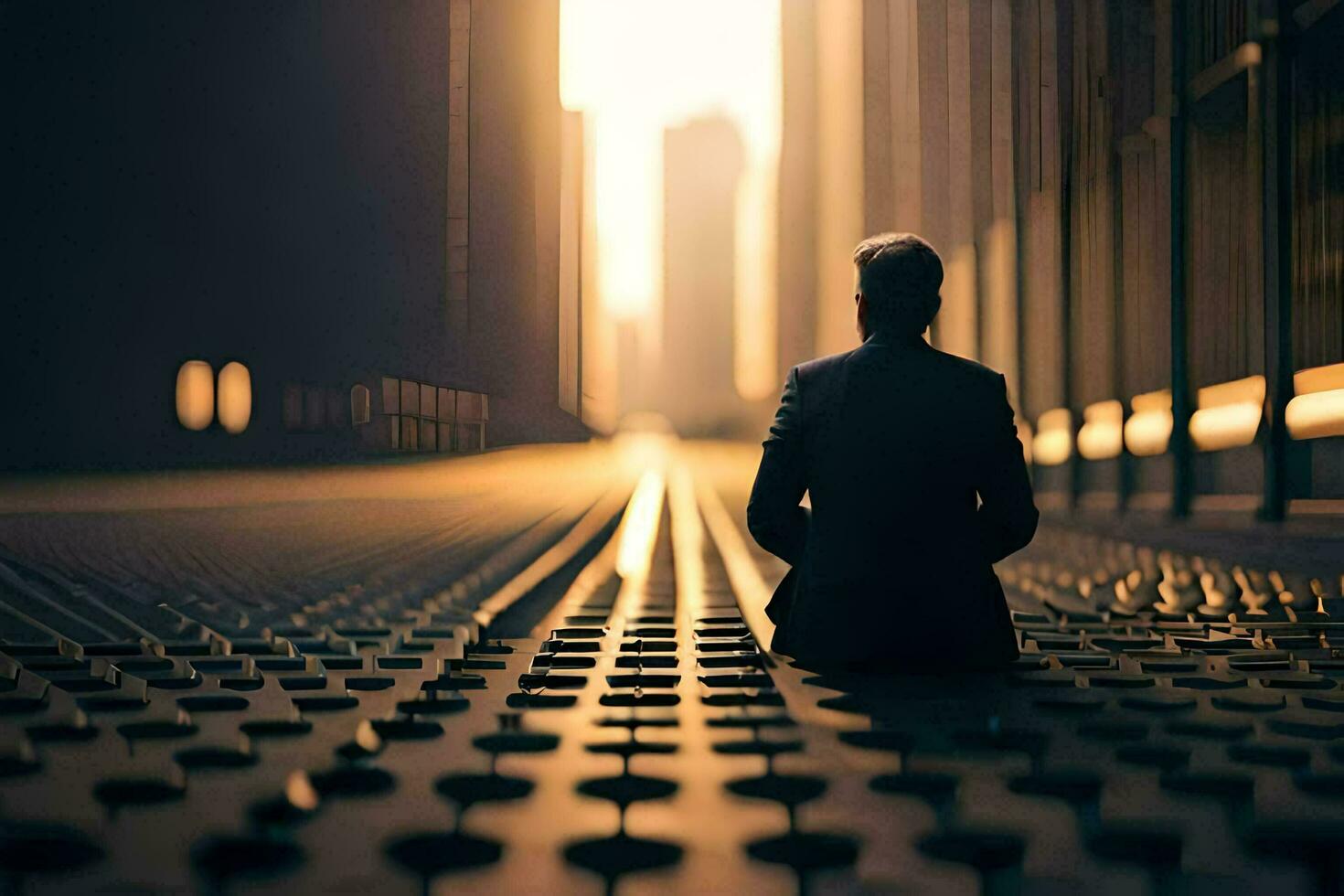 a man sitting on the floor in front of a city. AI-Generated photo