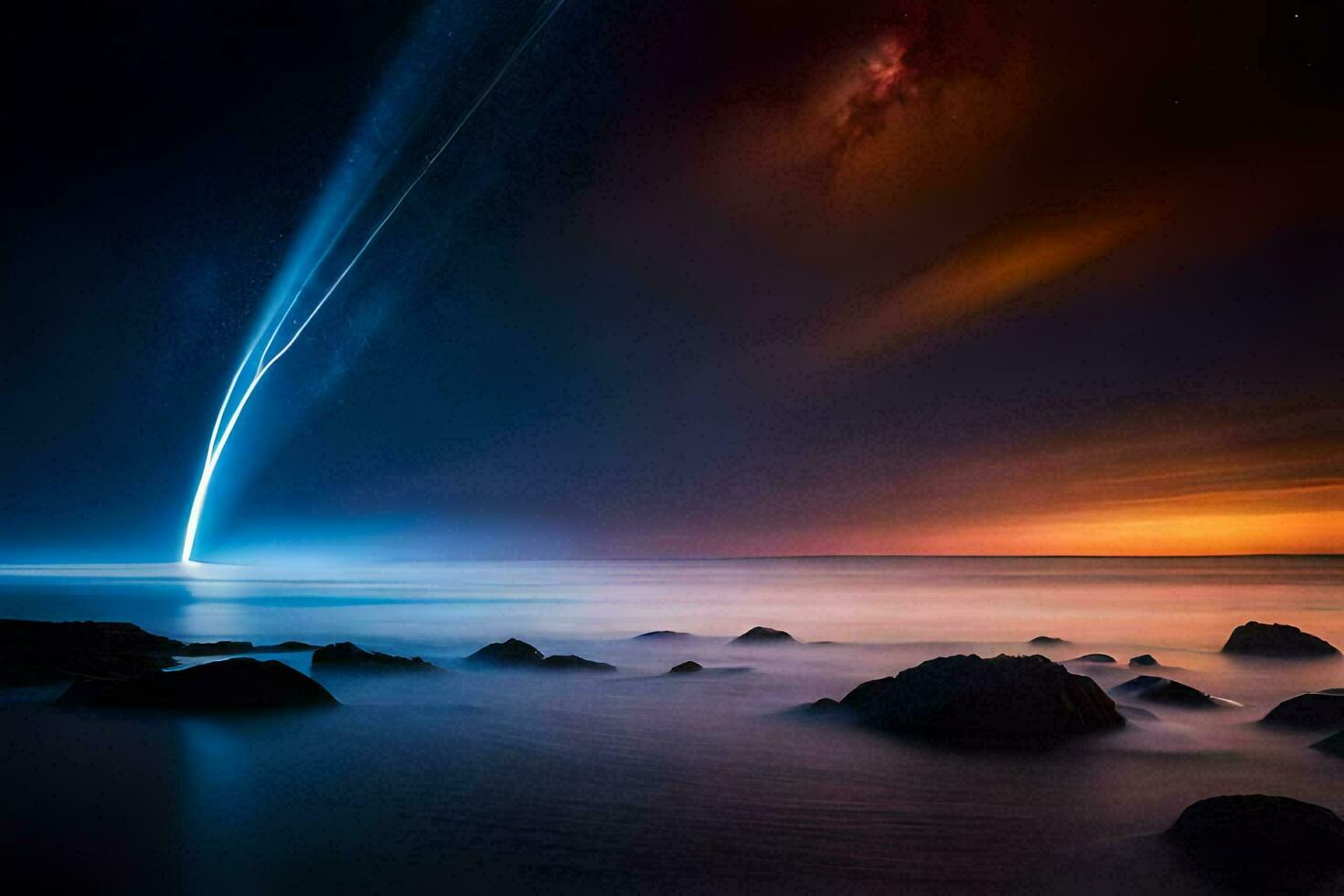 a long exposure photograph of a rocket in the sky. AI-Generated photo
