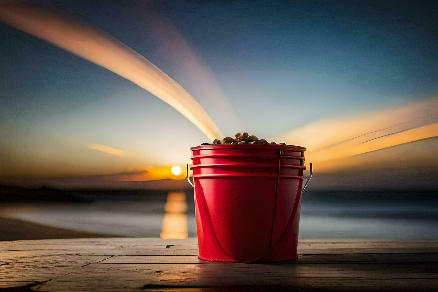 a red bucket with peanuts on the beach at sunset. AI-Generated photo